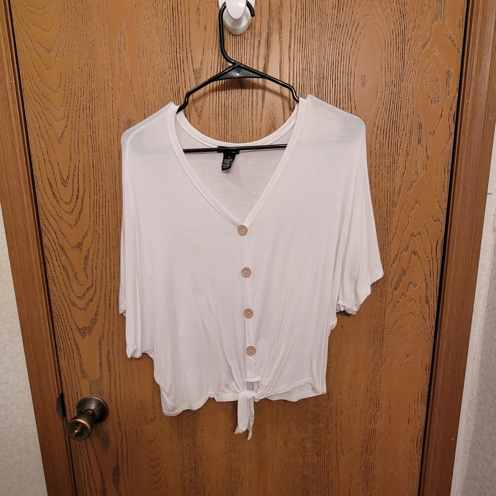 Rue21 White V-Neck Blouse with Button Tie Front